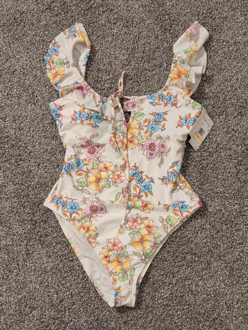 Jessica Simpson white multicolor floral ruffled one piece swimsuit